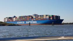 Savannah River Traffic: container ship inbound, near dredging operation, Fields Cut entrance