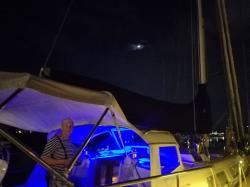 Back from Birthday Dinner: Return to Marina in Georgetown Harbor under a crescent moon